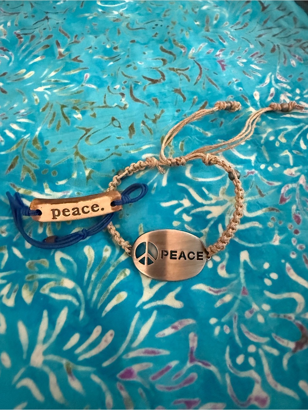 Peace Charm Adjustable Bracelet - Blue & Tan